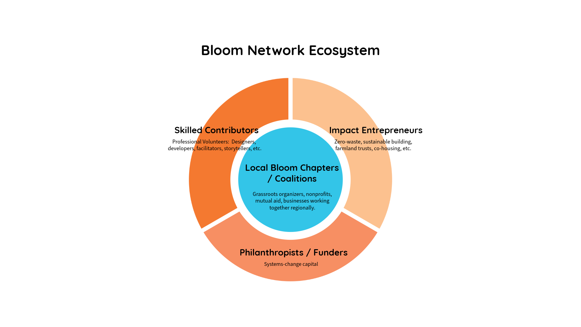 Bloom Network Ecosystem diagram showing Skilled Contributors, Impact Entrepreneurs, and Philanthropists/Funders all connected to Local Bloom Chapters/Coalitions at the center