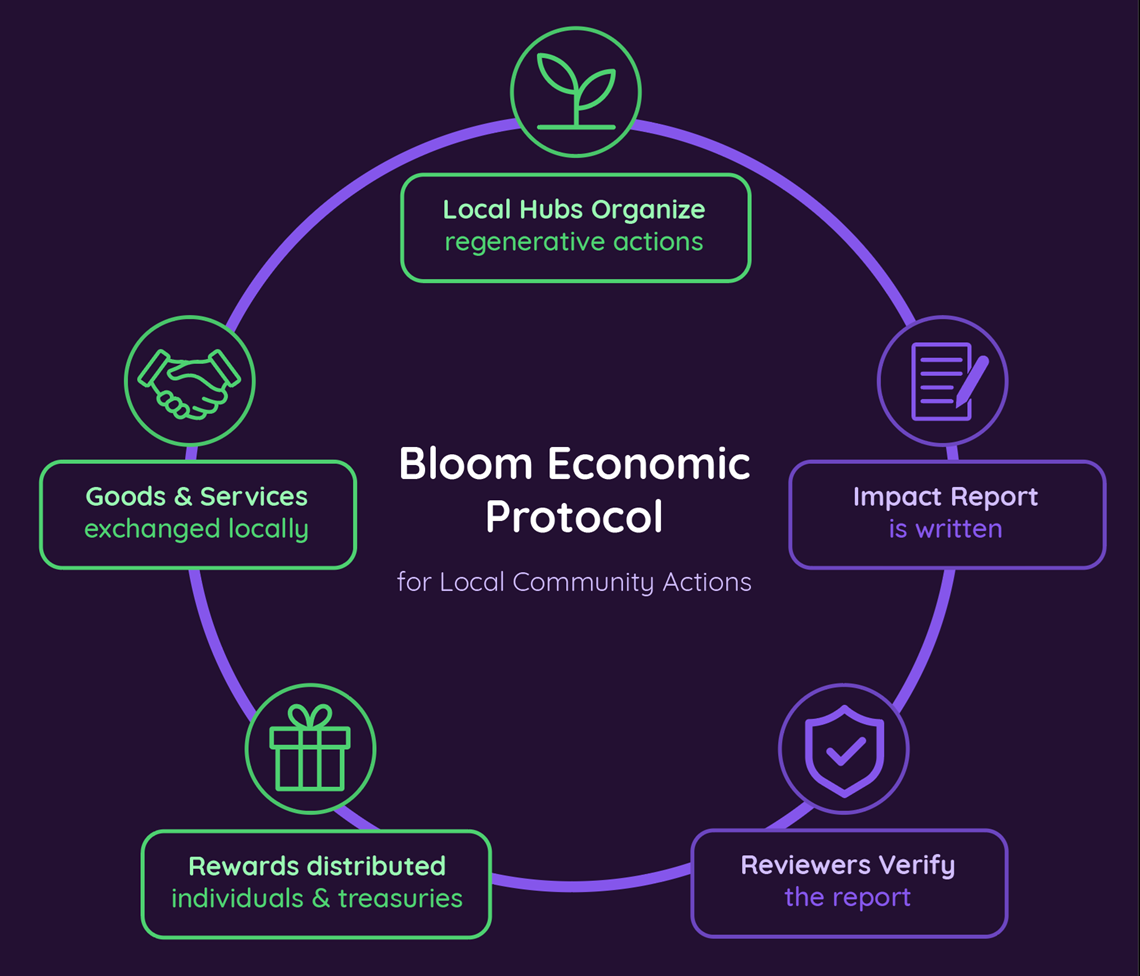Bloom economic protocol diagram showing how platform revenue and grants flow to members and chapters