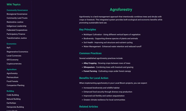 Screenshot of wiki showing educational content about regenerative cultures, economics, and practices