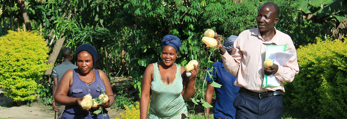 people in a tropical garden carrying big fruit