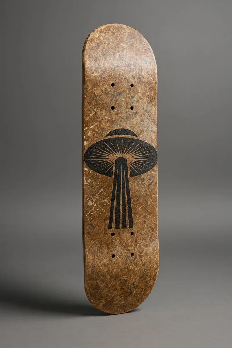 Mycelium skateboard deck with a mushroom graphic on a neutral studio background