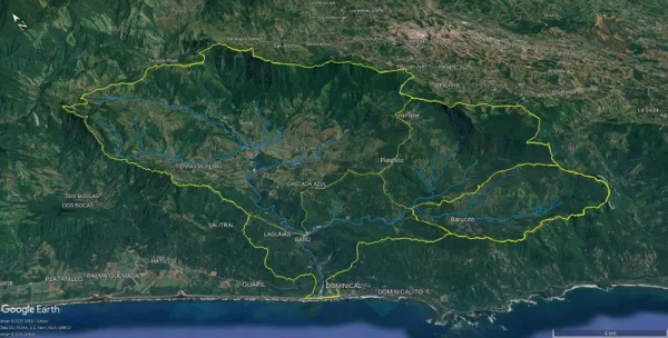 Satellite view of the Baru watershed with yellow catchment boundaries and blue river network