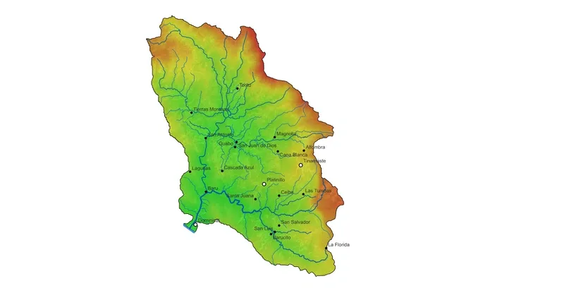 Digital elevation model of the Baru River basin, red high country to green valleys with community locations marked