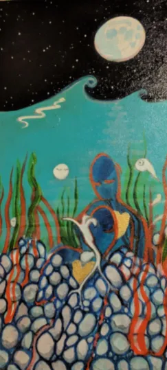 Ocean being - blue figure with a golden heart under a starry sky, from The Primordial Dream