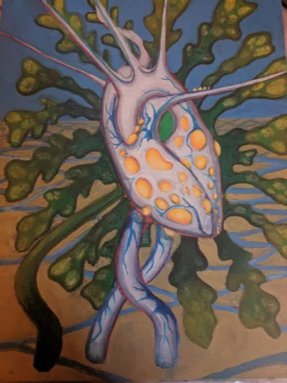 Oceanic heart - surreal heart with coral spots and blue kelp roots, from The Primordial Dream