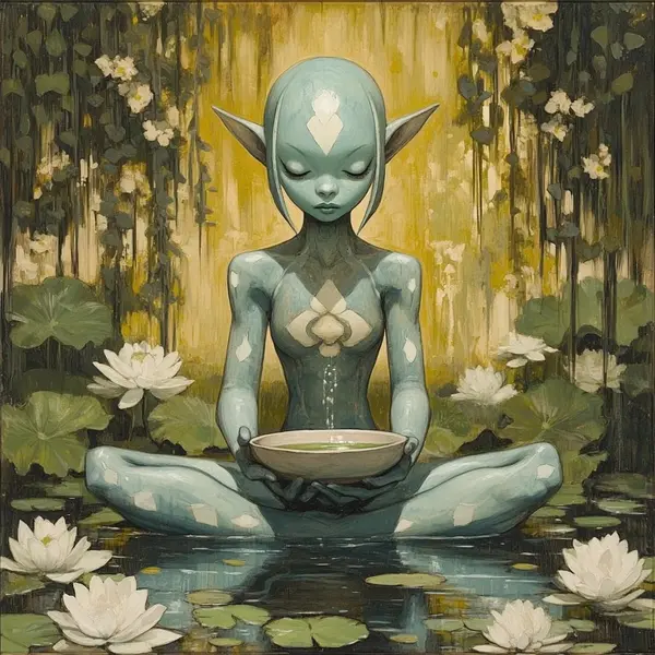 Blue-skinned fairy, meditating waist-deep in a lotus pond, holding a golden bowl