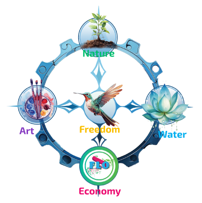 Clickable compass with plants and animals that shows content in specific topic areas.